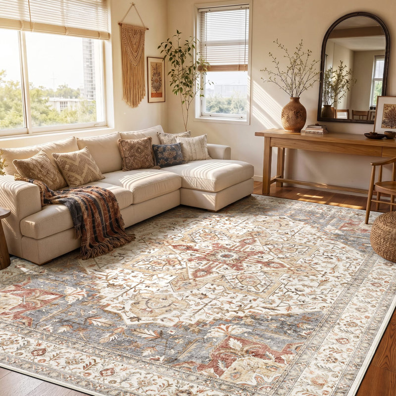    Adona Soft Washable Medallion Vintage Floral Area Rug for Living Room Bedroom Dining Room Lobby, Beige;Orange