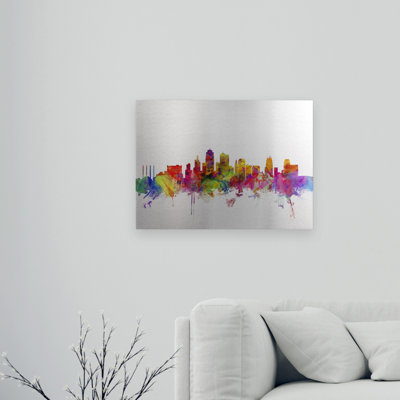 Art flottant en aluminium brossé «Kansas City Skyline» par Michael Tompsett