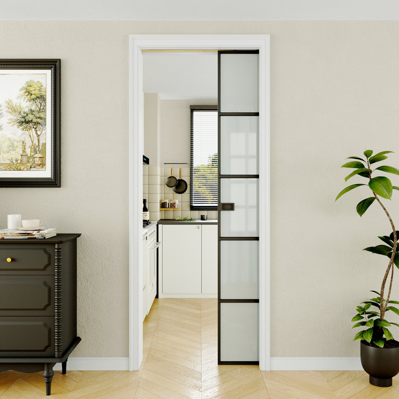 Porte coulissante à galandage 32 x 80 po en aluminium noir avec cadre, serrure et fermeture amortie, porte à galandage 5 carreaux en verre trempé dépoli, porte en métal noir, porte de chambre, porte de chambre moderne haut de gamme