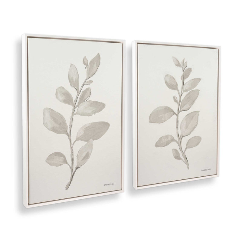 Ensemble de 2 feuilles élégantes grises, Cadre flottant blanc opaque, H 31 po x l 42 po