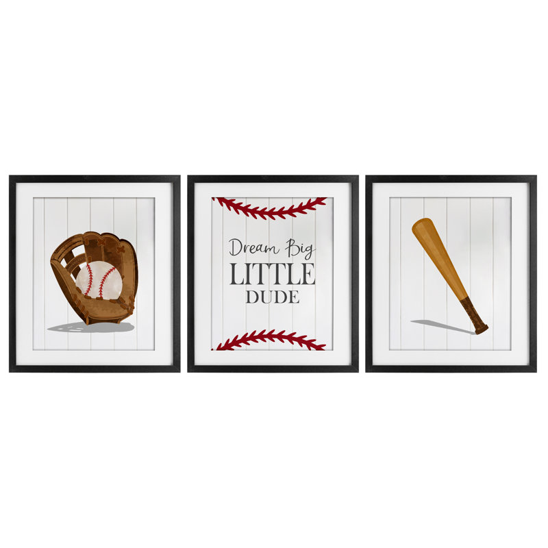 «Get Your Baseball Game On», ensemble de 3 pièces encadrées sous verre, design par Christine Simpson Art, Cadre noir minuit
