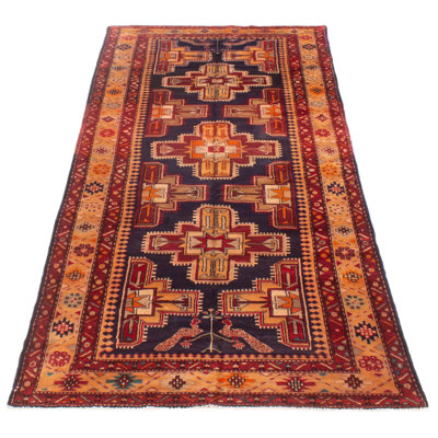 Tapis de couloir unique en laine noué à la main de style années 1990 de 4 pi 5 po x 10 pi 6 po ivybridge bleu marine / rouge