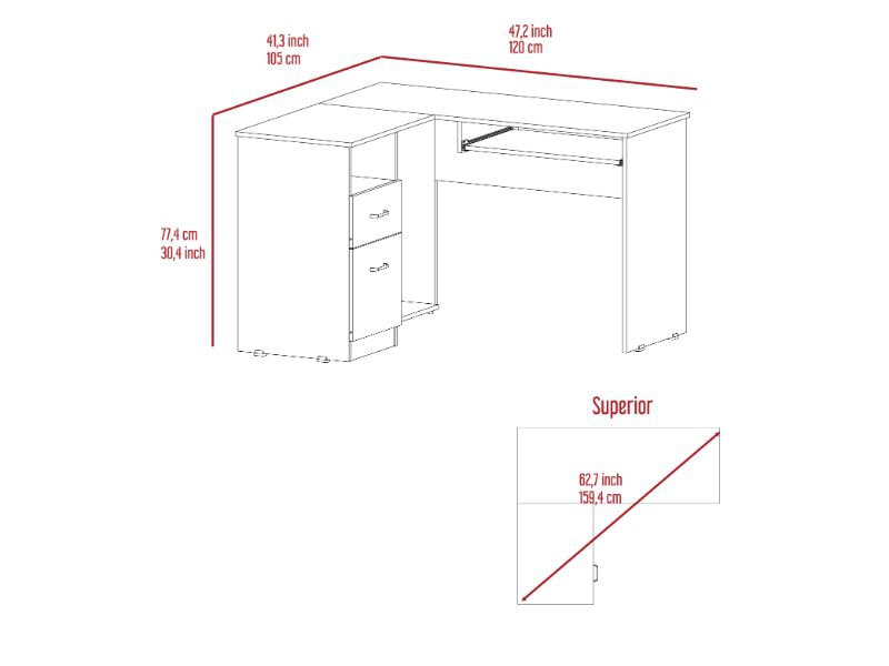 Bureau en L, deux tiroirs, une tablette, rangement pour unité centrale, Noir