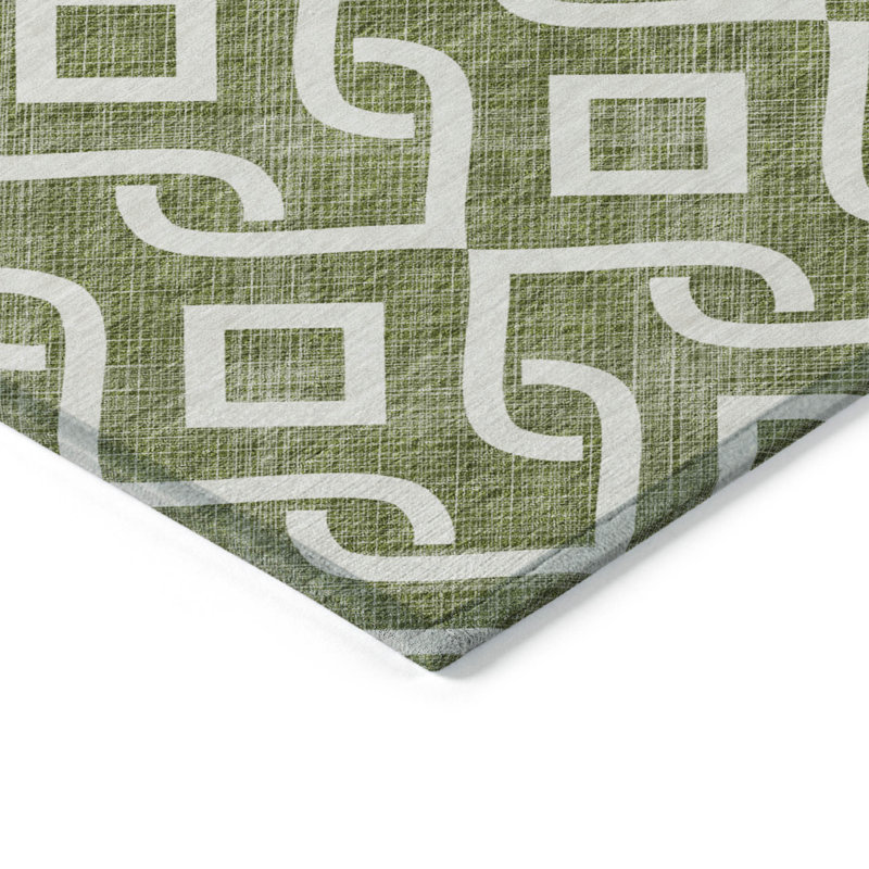 3' X 5' Olive Green And Ivory Geometric Washable Indoor Outdoor Area Rug