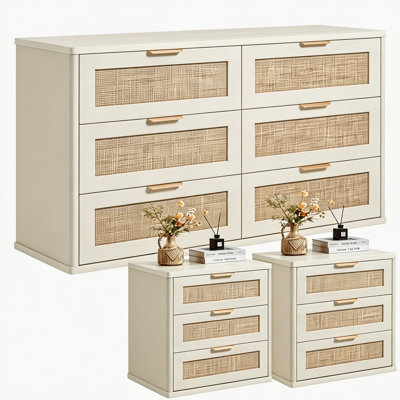 Rattan Dresser and Nightstand Set, 3-Piece, 6-Drawer Dresser and 3-Drawer Nightstand