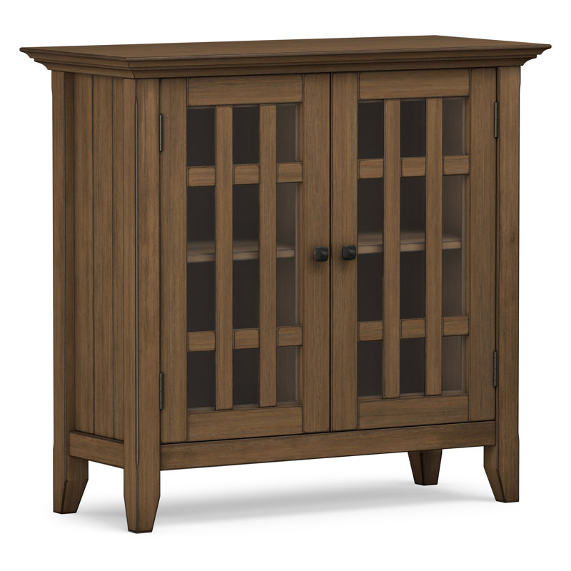 Bedford 32"W Solid Wood Transitional Low Media Cabinet with Glass Doors and Adjustable Shelves, Rustic Natural Brown