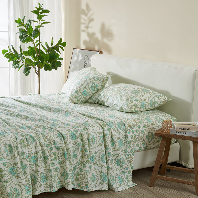 Ensemble de draps 100% coton, Ensemble de draps pour très grand lit + un drap-h, Floral géométrique - turquoise