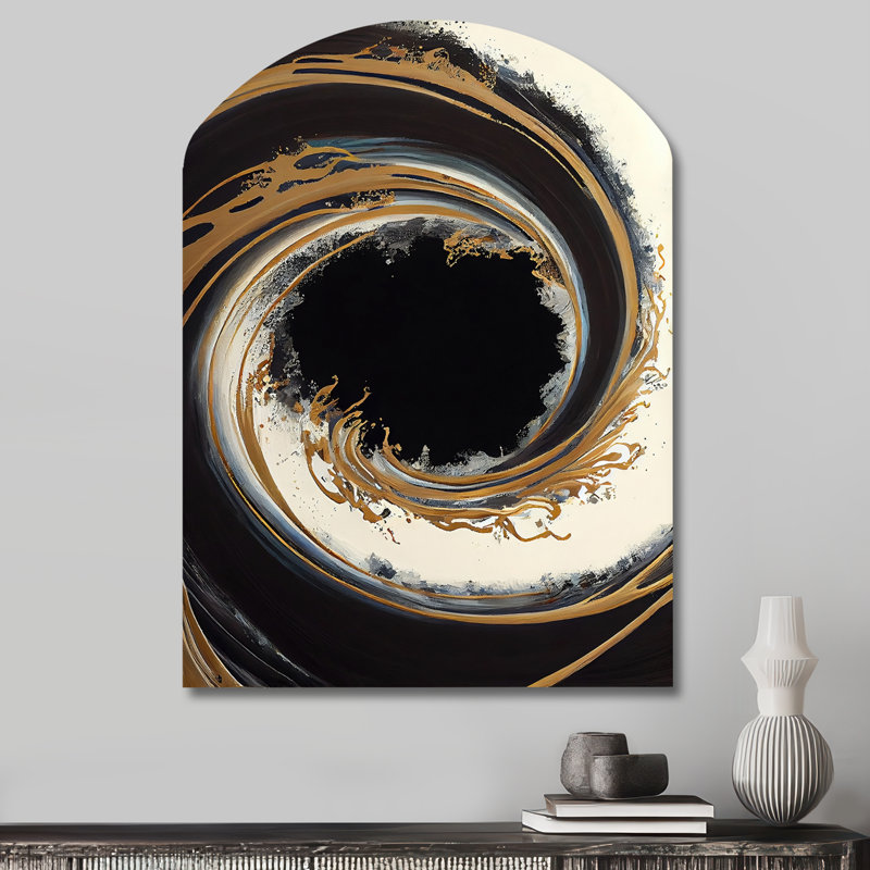 «Black and Gold Circle V - Abstract Spirals», art mural asymétrique en métal, arche noire, H 34 po x l 25 po