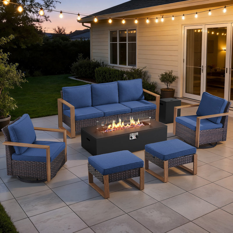 Drazen 7 - Person Patio Furniture Set With Fire Pit Table, All-Weather Wicker Outdoor Conversation Set With Chair And Thick Cushions