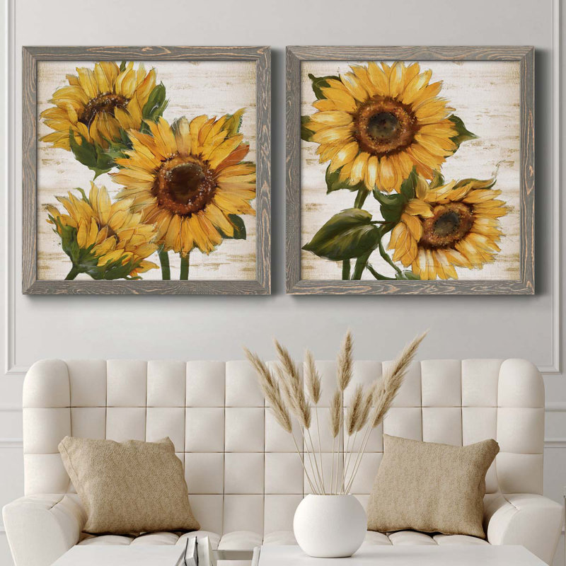Tournesol d'été I - ensemble de 2 peintures sur toile encadrées, H 35,5 po x l 71 po x P 1,5 po, Encadré gris
