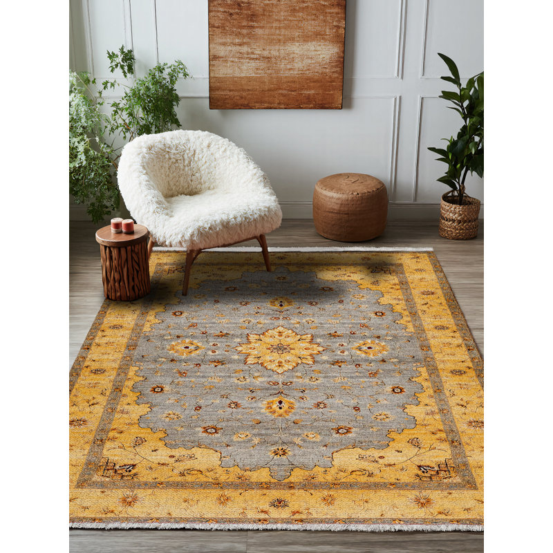 Girvin Yellow Gray Oriental Machine Printed Cotton Polyester Area Rug, Rectangle 6'7" x 8'3"