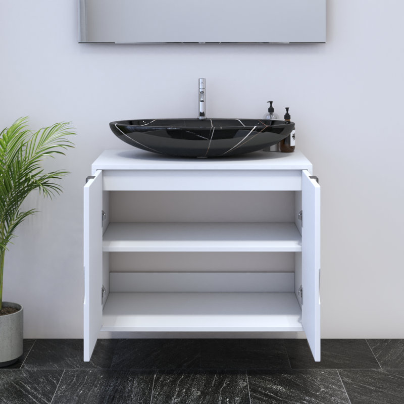 Meuble-lavabo simple 31,5 po avec plateau en bois manufacturé Karalea, Noir, Blanc