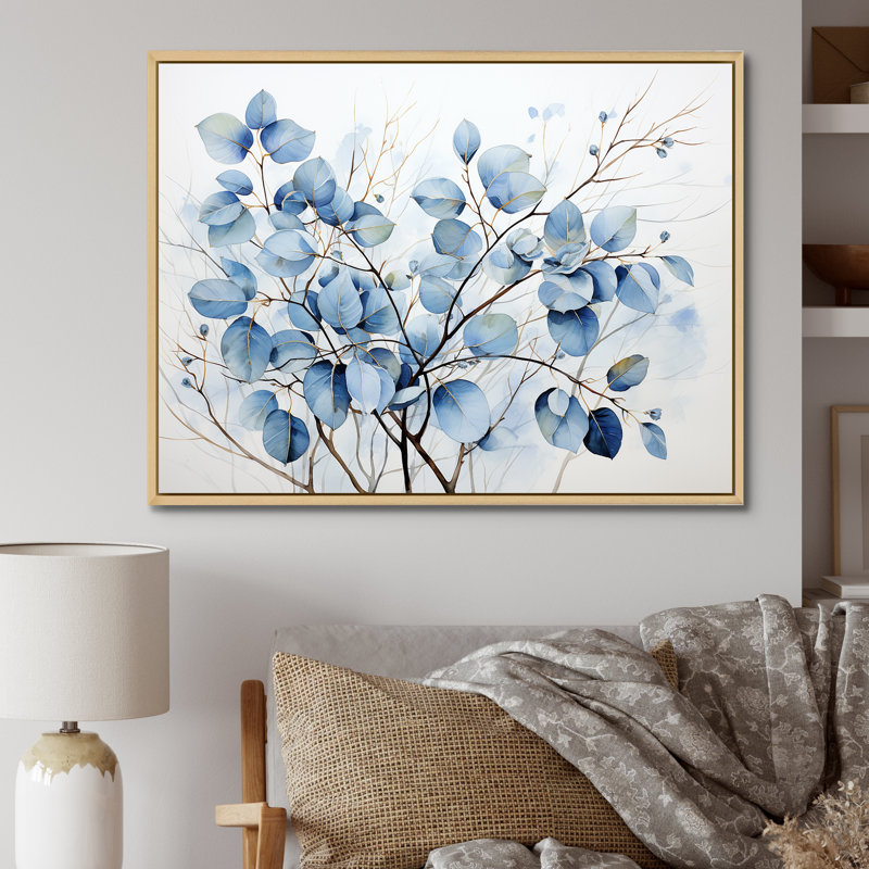 Art mural bleu et gris avec feuilles sur une branche III - feuilles, H 24 po x l 32 po x P 1 po, Cadre naturel flottant
