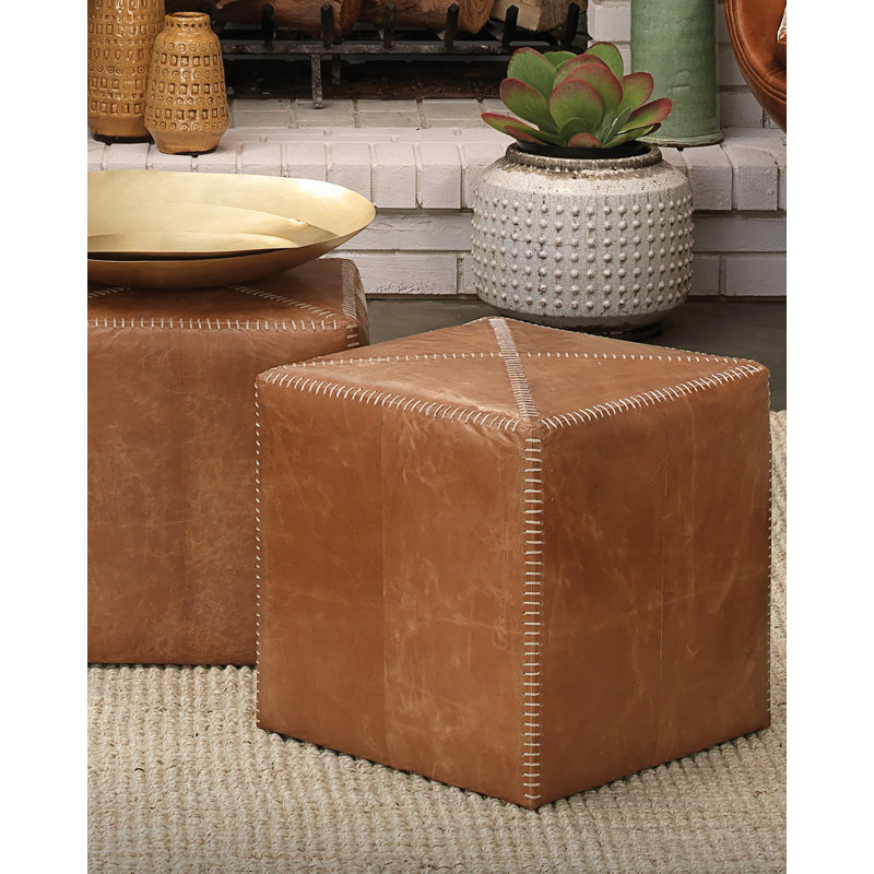 Upholstered Pouf, Buff Leather, Small