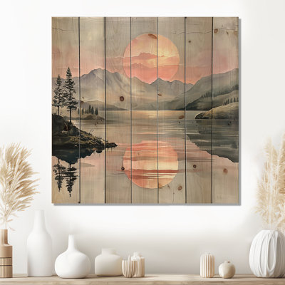 Lever du soleil, miroir du paysage des montagnes - décoration murale en bois Lake House - sur bois de pin naturel