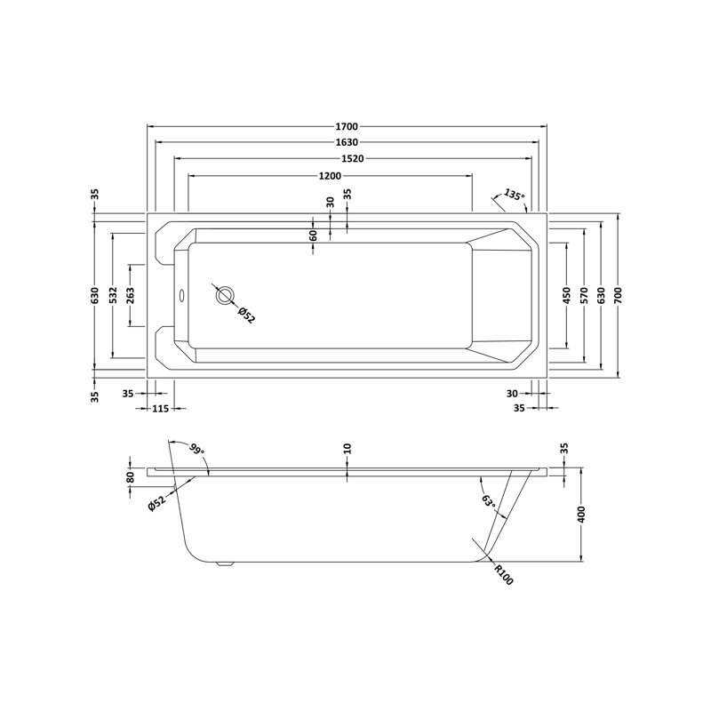 Ascott 1700mm x 700mm Soaking Acrylic Bathtub