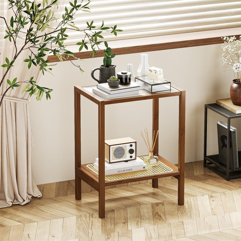 Bamworld Rattan Side Table Living Room Glasstop Night Stand Boho End Table 2-Tier With Storage Mid Century Modern Bedside Table For Small Spaces Narrow Coffee Table Bamboo