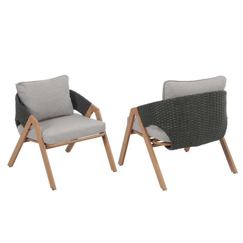 Chaise de patio avec coussins (ensemble de 2), Gris, Noir / teck