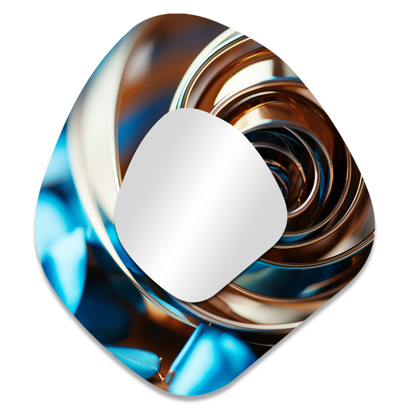 Ayaan or et bleu spirale abstraite tranquillité - grand miroir asymétrique spirales abstraites, décor de miroir mural unique de forme irrégulière moderne, impression d'art en métal