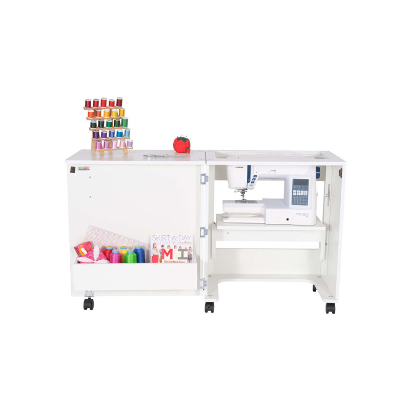 White Compact Hydraulic Lift Sewing Cabinet with Storage