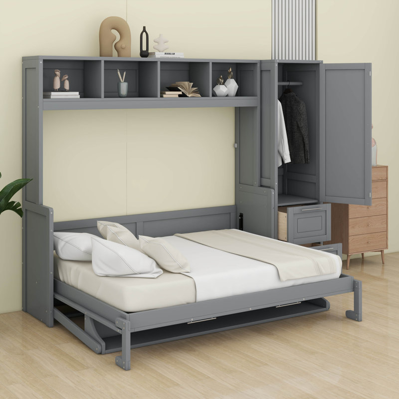 Lit escamotable double avec placard et tiroirs, lit escamotable mural avec rangement, idéal pour les petites pièces, les appartements ou les bureaux à domicile