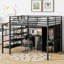 Lit mezzanine en métal avec ensemble de table et garde-robe, lit double, noir