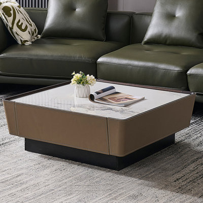 Square Slate Coffee Table with Saddle Leather