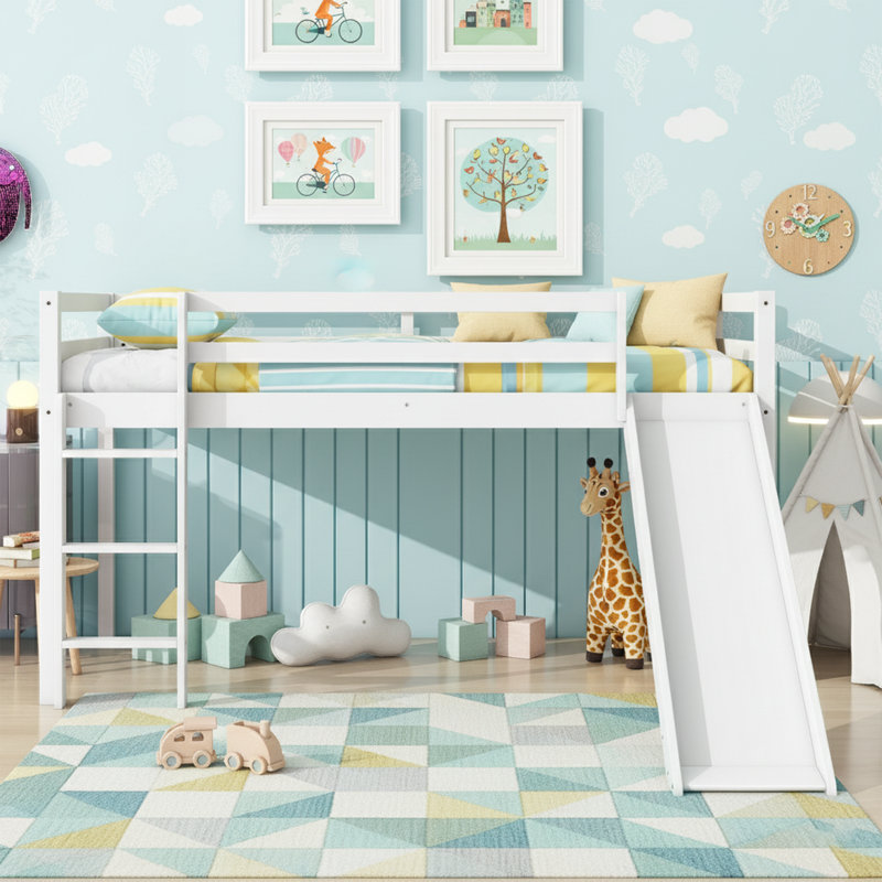 Twin Low Loft Bed With Slide, Ladder, Guardrails, Grey, Twin, White