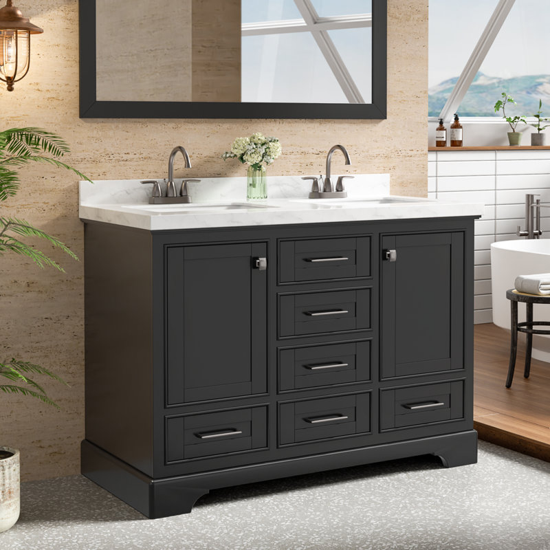 Ensemble de meuble-lavabo double 48 po avec comptoir en quartz blanc Carrara, lavabos sous le comptoir, portes et tiroirs à fermeture en douceur