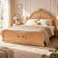 Lit plateforme double avec tête de lit, structure en bois massif sculpté rétro et support à lattes, lit bas pour enfants et adolescents, naturel