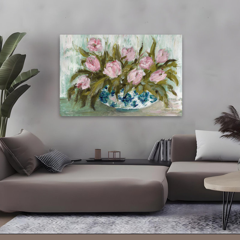 Tulipes roses en chinoiserie - tulipes contemporaines, fleurs roses, art sur feuillage vert, H 32 po x l 48 po