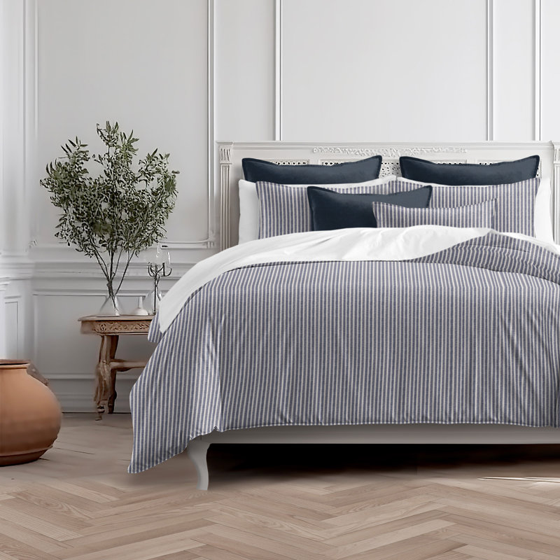 Walker Ticking Stripe Indigo/Ivory Cotton Duvet Cover Set, King Duvet Cover + 2 King Shams