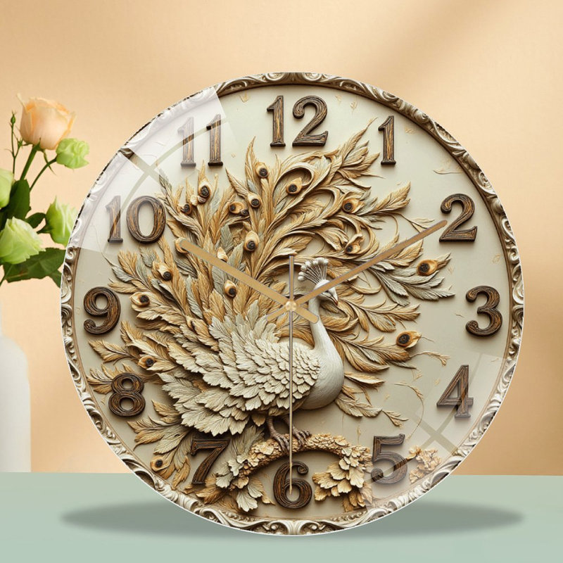 Peacock Wall Clock Decor with Vintage Style Art - 12'' Modern Glass Wall Clock