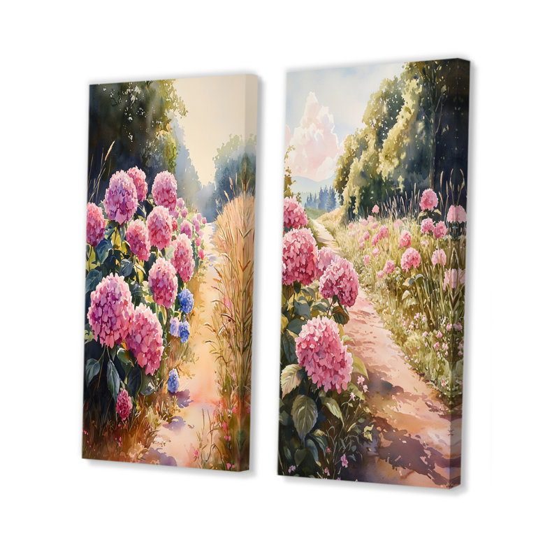 Hydrangeas In A Country Lane I - Collection de 2 panneaux de toiles florales, H 28 po x l 25 po, Toile tendue
