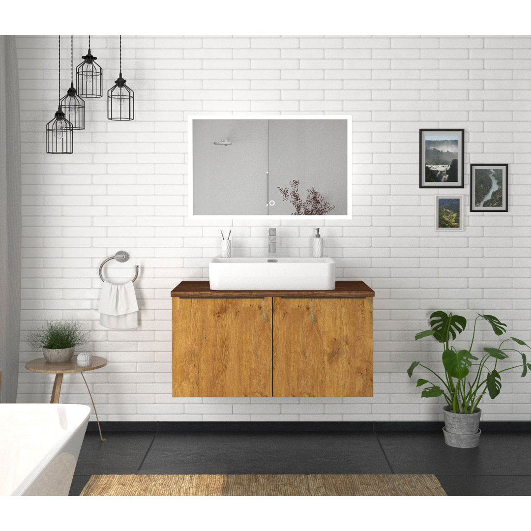 Odin washbasin with base cabinet, 96cm, alpine white / rustic oak / oak, metal handles