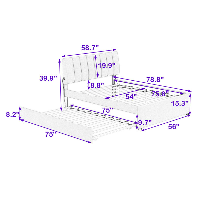 Upholstered Platform Bed with Trundle and LED Lights, Full, Gray