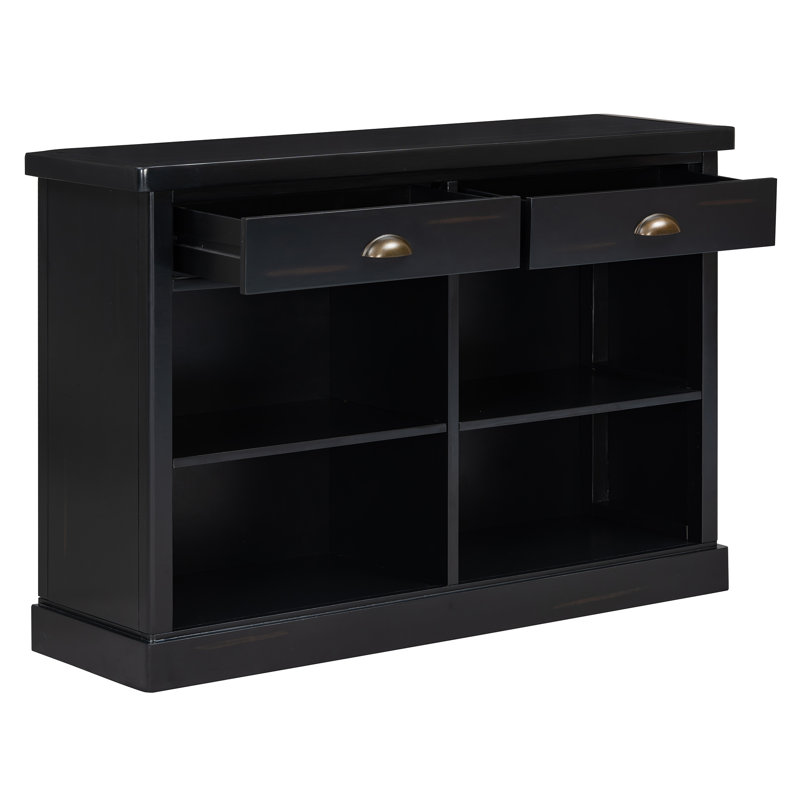 Console 47 pouces avec tiroirs et tablettes de rangement ouvertes avec détails en bois rustique, Espresso