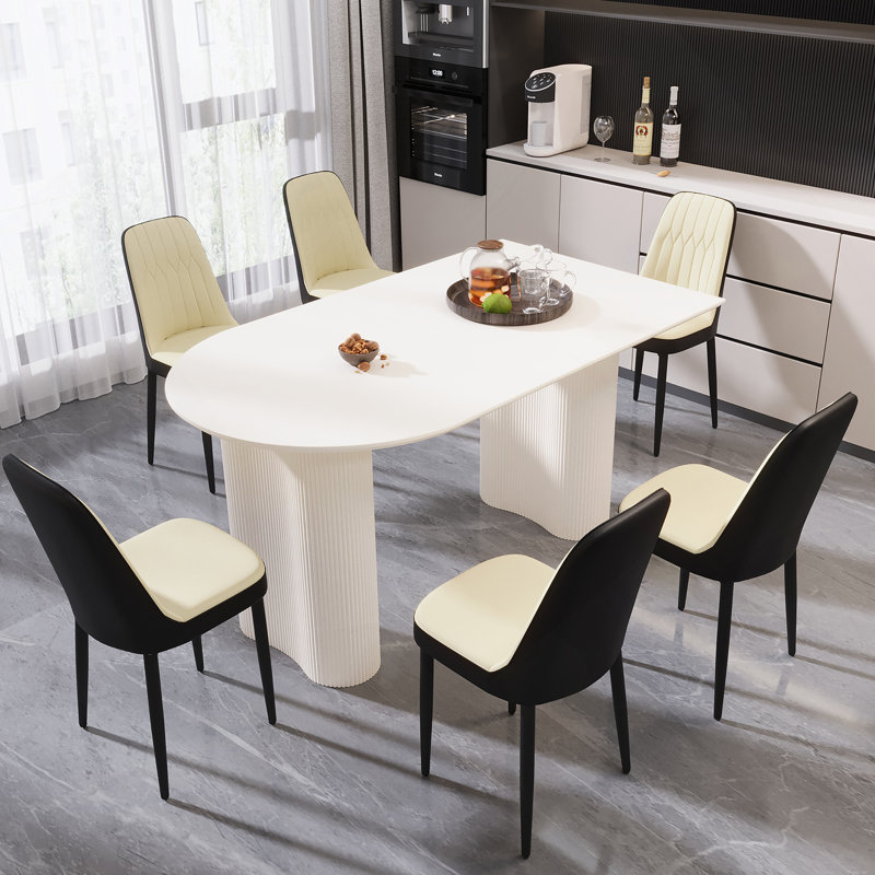 Table de salle à manger de style moderne avec 6 chaises rembourrées, Beige/noir