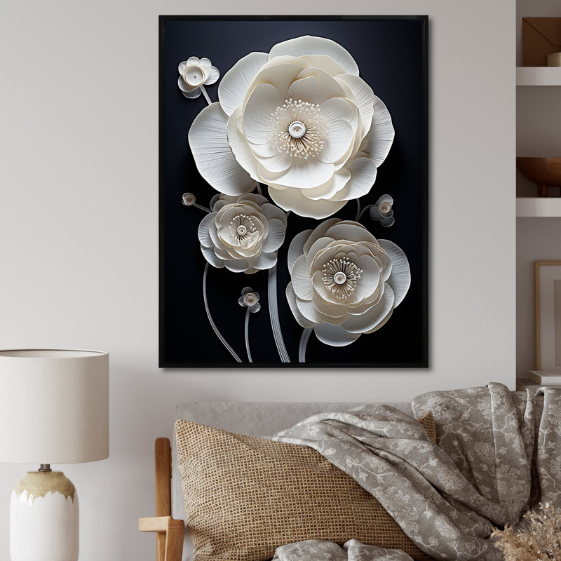 Blanc et noir, délices floraux en renoncule sur toile, Cadre flottant noir, H 40 po x l 30 po x P 1,5 po