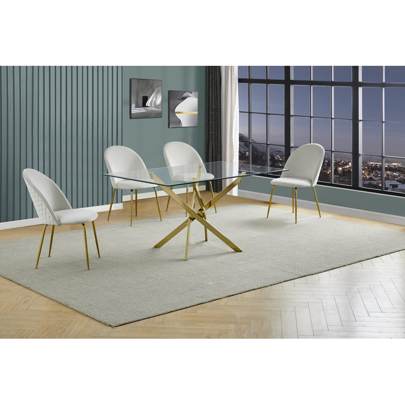 Ensemble de salle à manger en verre avec chaises d'appoint rembourrées et base en chrome doré, Crème, 5