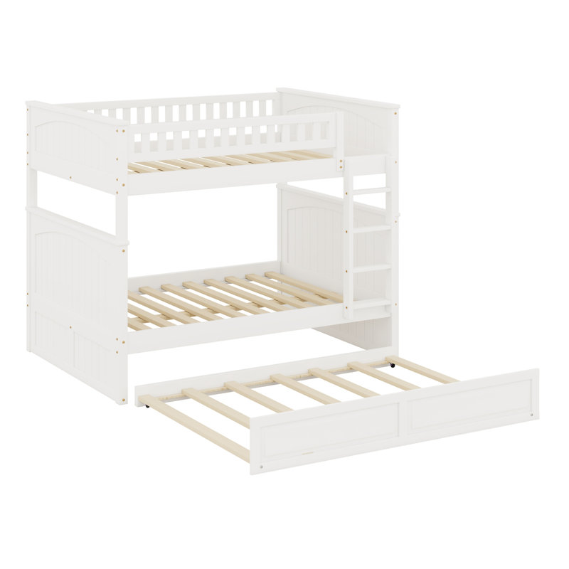 Wood Bunk Bed With Trundle, Guardrails, White