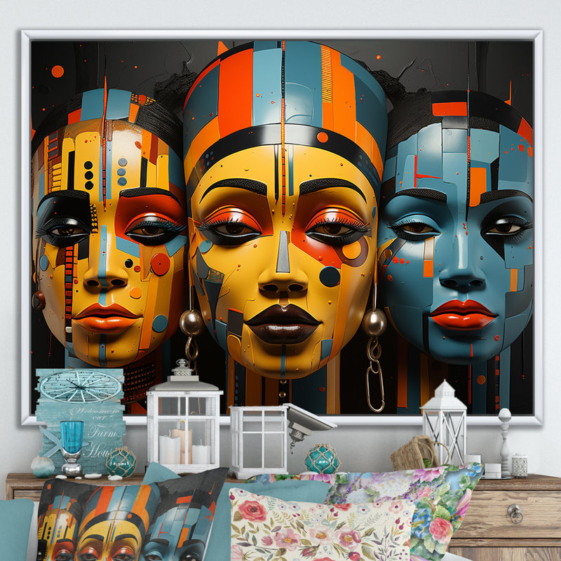 Minimalisme, tribus d'Afrique, femmes III, H 34 po x l 44 po x P 1,5 po, Cadre flottant blanc