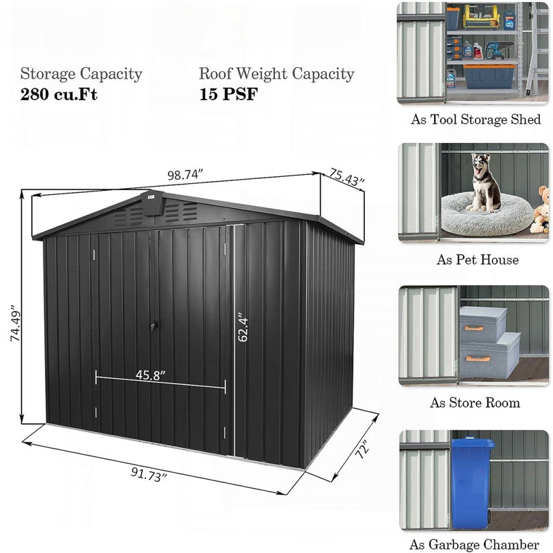 Outdoor Storage Shed 8.2'X 6.2', Metal Garden Shed For Bike, Trash Can, Galvanized Steel Outdoor Storage Cabinet With Lockable Door For Backyard, Patio, Lawn (8.2X6.2Ft, Dark Gray)