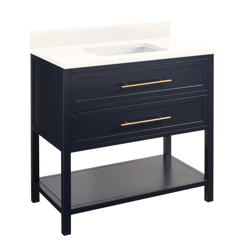 36" Robertson Single Bathroom Vanity Set with Rectangle Undermount Sink, Arctic White Quartz, Single Hole, Midnight Navy Blue
