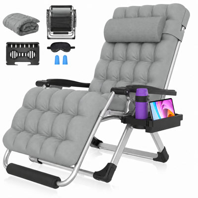 Très grand fauteuil pliant zéro gravité XXL, méridienne inclinable 33 po avec coussins et appui-tête