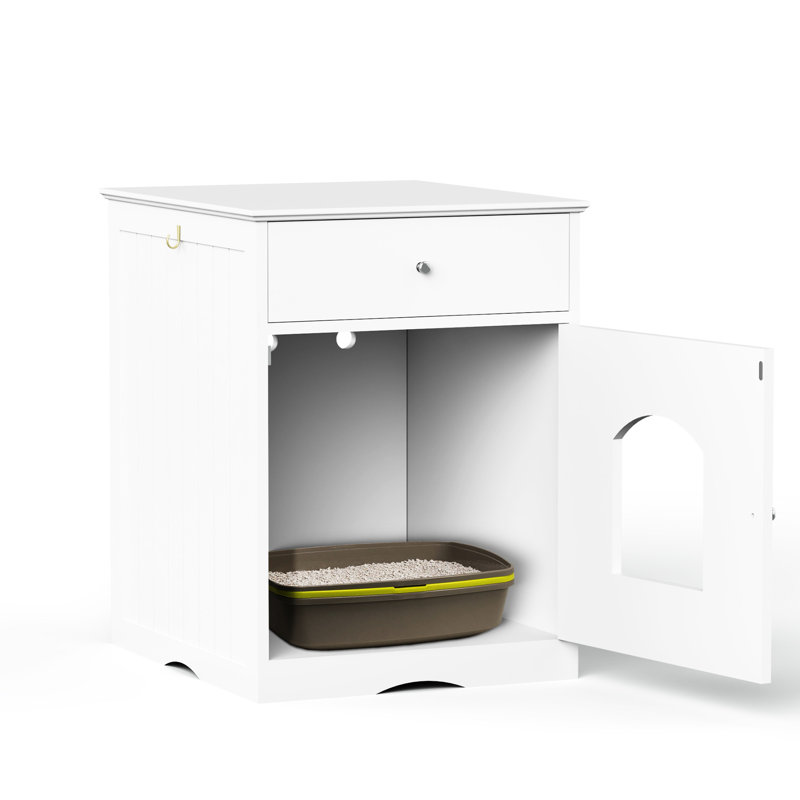 Enceinte de litière d'intérieur en bois pour chat avec table d'appoint et tiroir - blanc et utilisable, Blanc