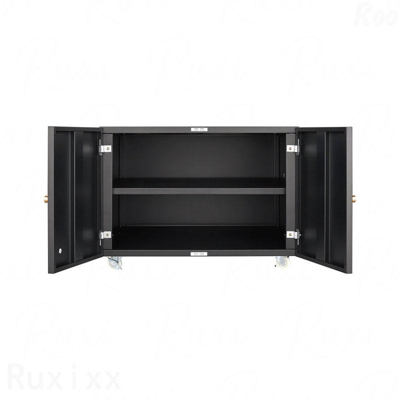 Black Metal Double-Door Printer Storage Organizer Cabinet 360° Lockable Casters Crafted From Steel Adjustable Shelves Waterproof And Not Easy To Wear Modern Design For Office Home Garage