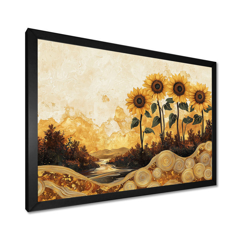 Dorisa, tournesols, paysage sur un sommet d'une rivière en bois III - tournesols, art mural, H 30 po x l 40 po