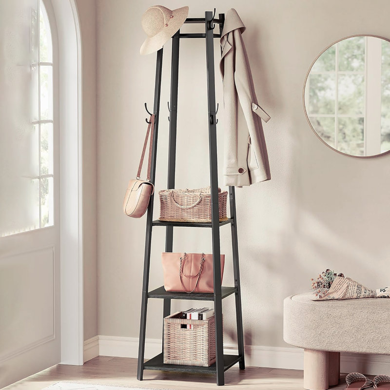 Portemanteau autoportant d'inspiration industrielle: 3 tablettes de rangement avec crochets pour les entrées et les salons