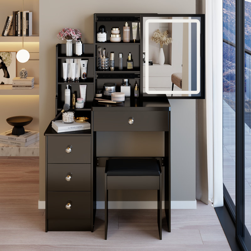 Compact Vanity Table with LED Mirror & Stool, Dressing Table with Adjustable Lighting & Storage